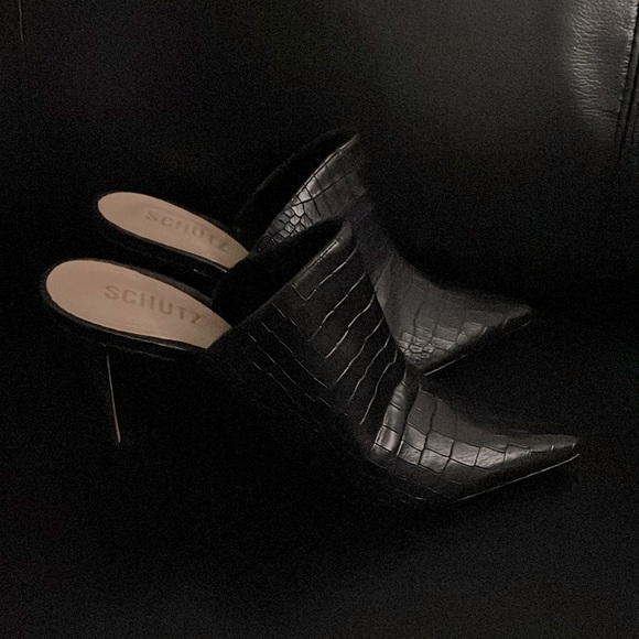 Schutz Bardot Croc Embossed Leather Stiletto Mules - Picture 6 of 11